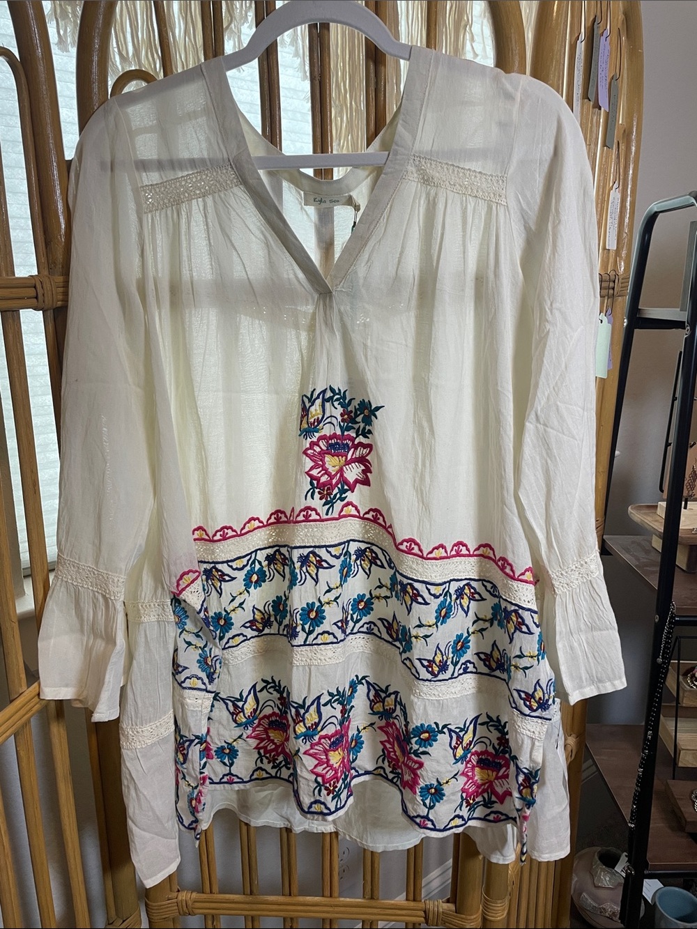 Kyla Seo Embroidered White Boho Tunic with Pink & Blue Floral Detail